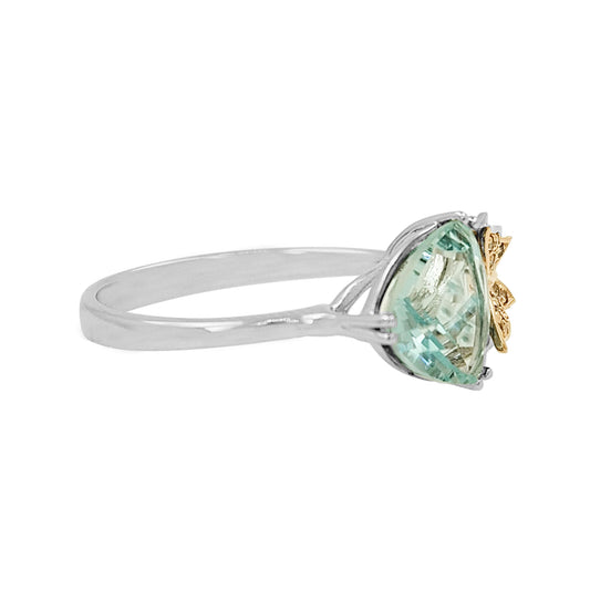 14K Gold Aquamarine Butterfly Ring | Trillion Cut | Light Brown Diamond Accent