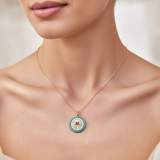 14K Yellow Gold Star Cut Medallion Necklace, Turquoise & Diamond Sunburst Pendant