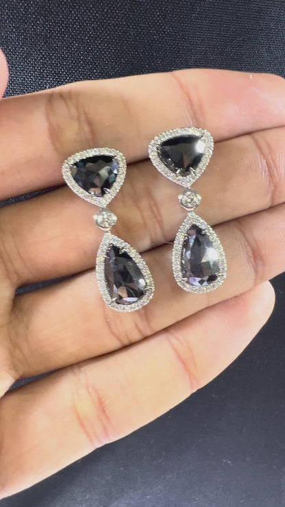 14K White Gold Pear Trillion Diamond Halo Drop Earrings