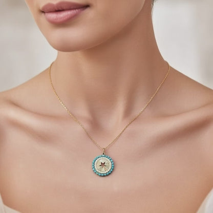 14K Yellow Gold Star Cut Medallion Necklace, Turquoise & Diamond Sunburst Pendant