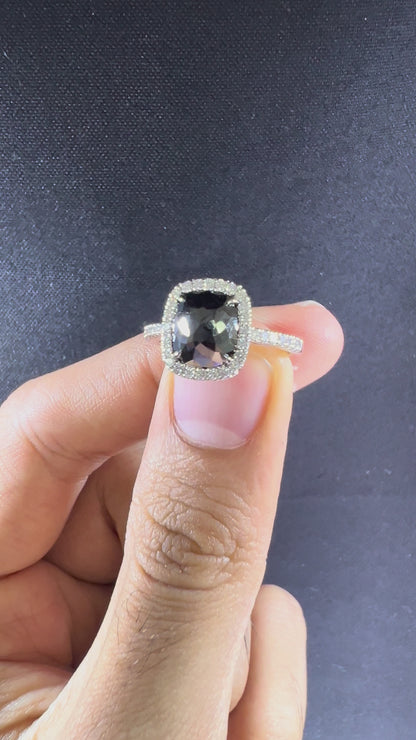 Black Diamond Halo Ring | 14K White Gold Cushion-Cut Ring